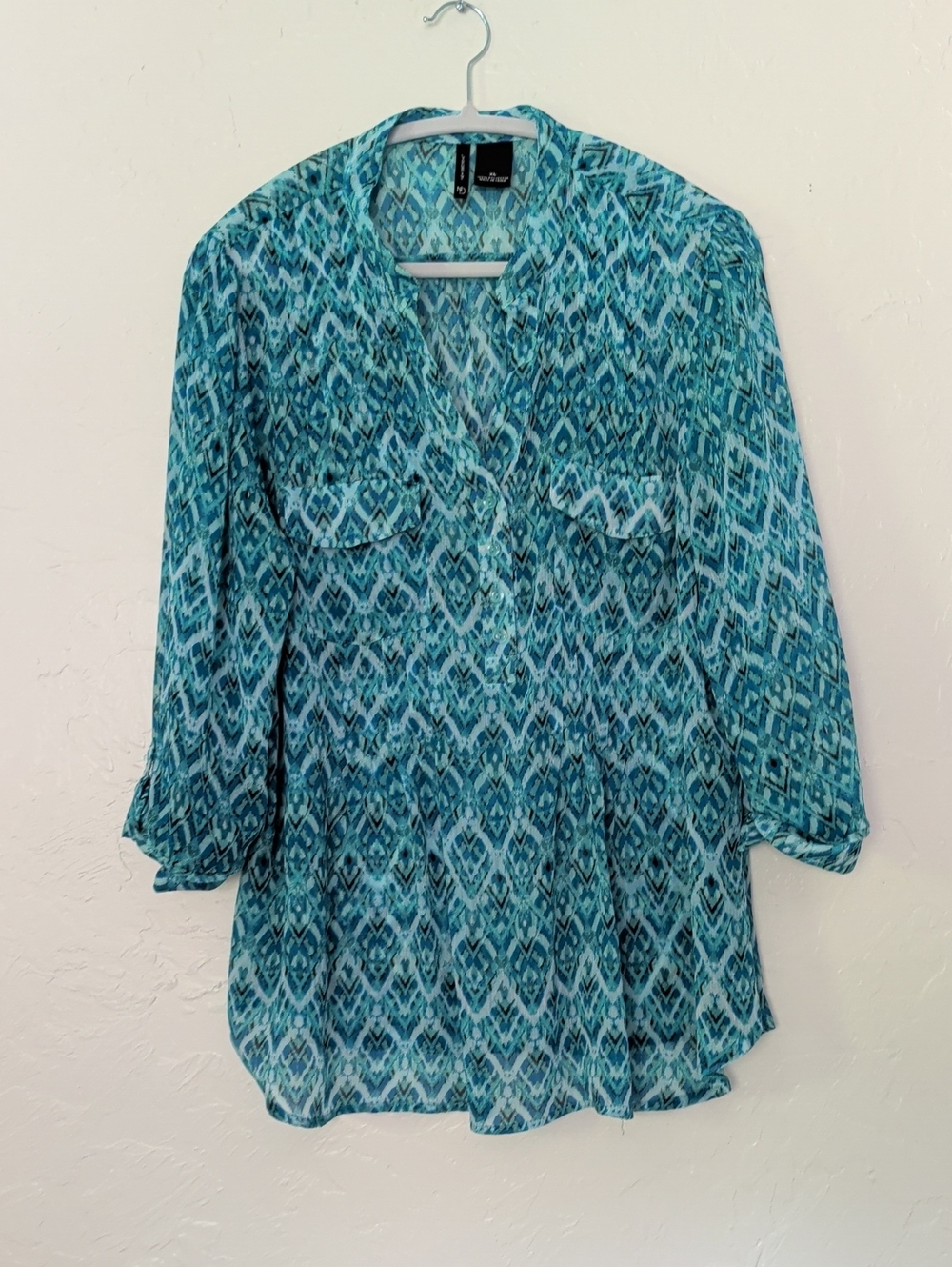 new directions Teal and Aqua Patterned Tunic Blouse